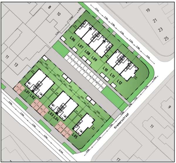 Plattegrond van twaalf woningen die gebouwd gaan worden